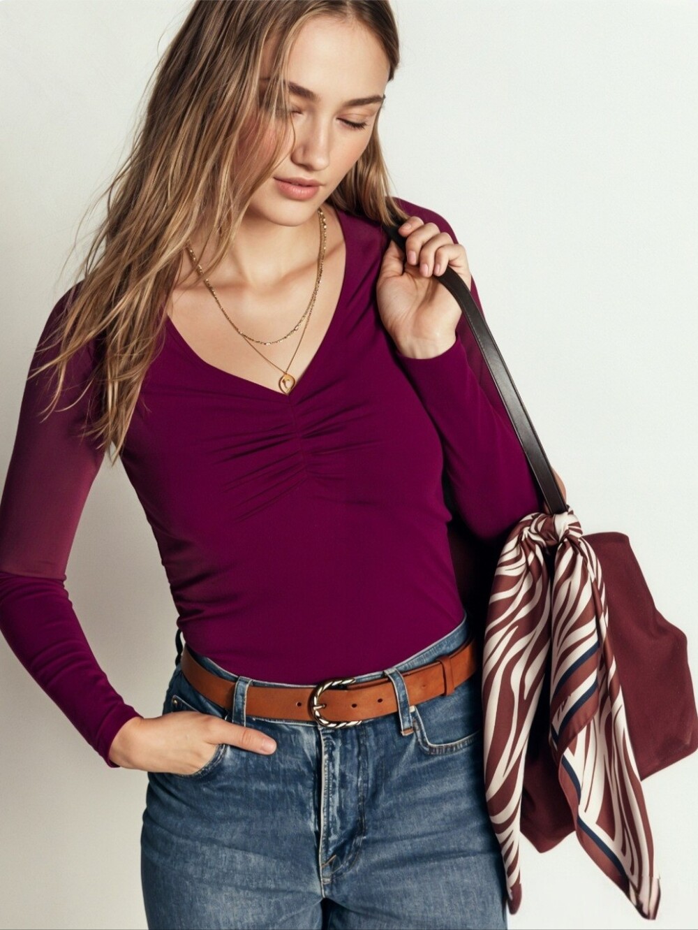 NWT Maurices Long Sleeve Ruched Shimmer Top-Color Wine Merlot